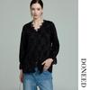 DONEED French Style Lace Trim V-Neck Long Sleeve Blouse