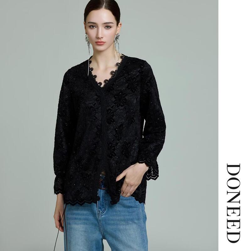 DONEED French Style Lace Trim V-Neck Long Sleeve Blouse