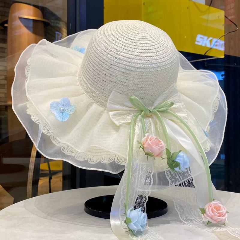Bow Flower Big Brim Beach Straw Hat Women Spring and Summer New Seaside Sunshade Sun Hat Tide