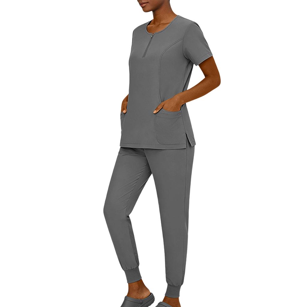 Women's Short Sleeved Color Round Neck Pocket Top Pants Work Clothes Two Piece Set