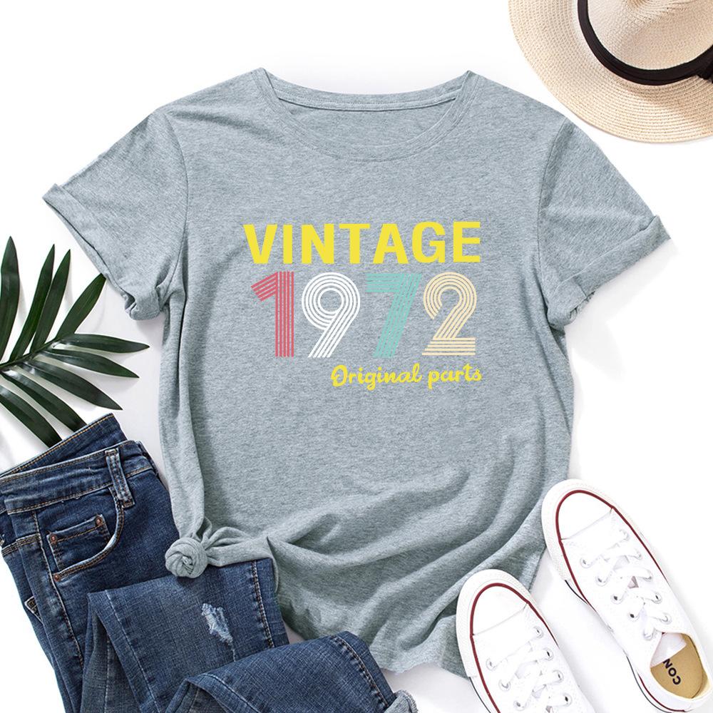 1972 Vintage Alphabet Cotton T-Shirt Short Sleeve Round Neck Women 2d Print Tops