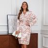 Ink Printed V-Neck Slim Mid-Length Dress Plus Size Women's Elastic Waist Long Sleeve Dress