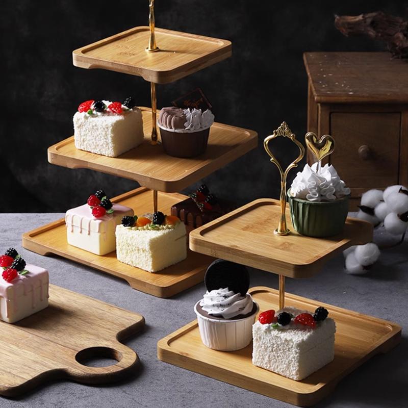 Natural Bamboo Tray Creative Double Layer Fruit Bread Plate Living Room Household Tableware Afternoon Tea Snack Cake Stand