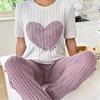 Women's Autumn Sweet Love Pajama Set: Round Neck, Short Sleeve & Trousers - Comfy 2-Piece Homewear