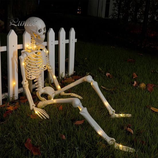 Cemetery Themed Landscaping 36 Inches LED Light Up Halloween Skeleton, 3FT Life Size Full Body Posable Skeleton Plastic Human Bones with Movable