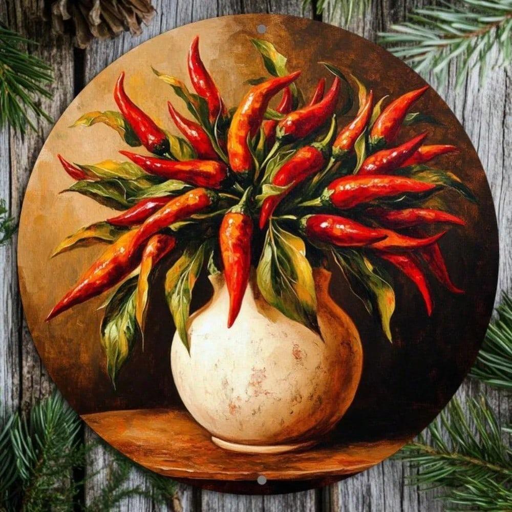 2D Round Aluminum Tin Sign 8x8 Inch Chili Pepper Vintage Wall Decor Rustproof Bar Kitchen