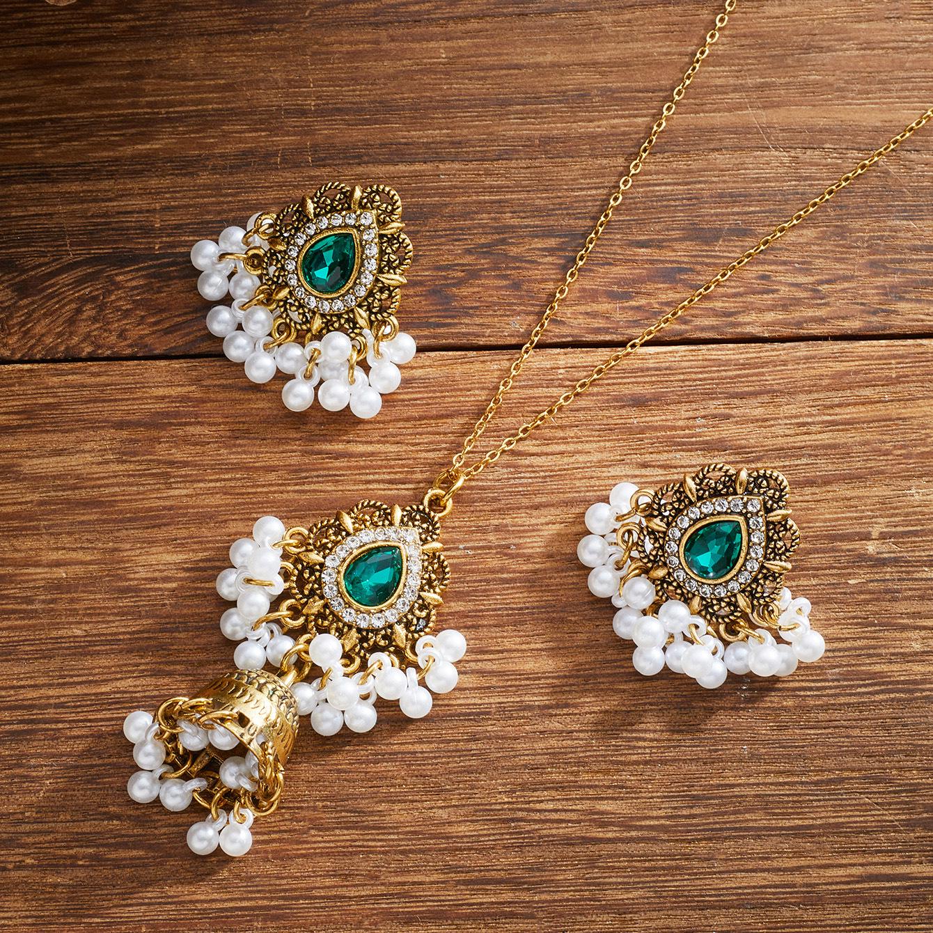 Bohemian Ethnic Rhinestone Bell & Teardrop Necklace with Pendant Earrings