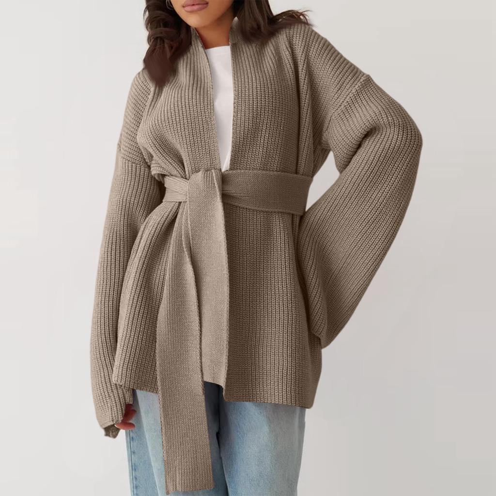 Women's  And Winter Coat Solid Color Lace-up Hooded Knitted Cardigan Sweater