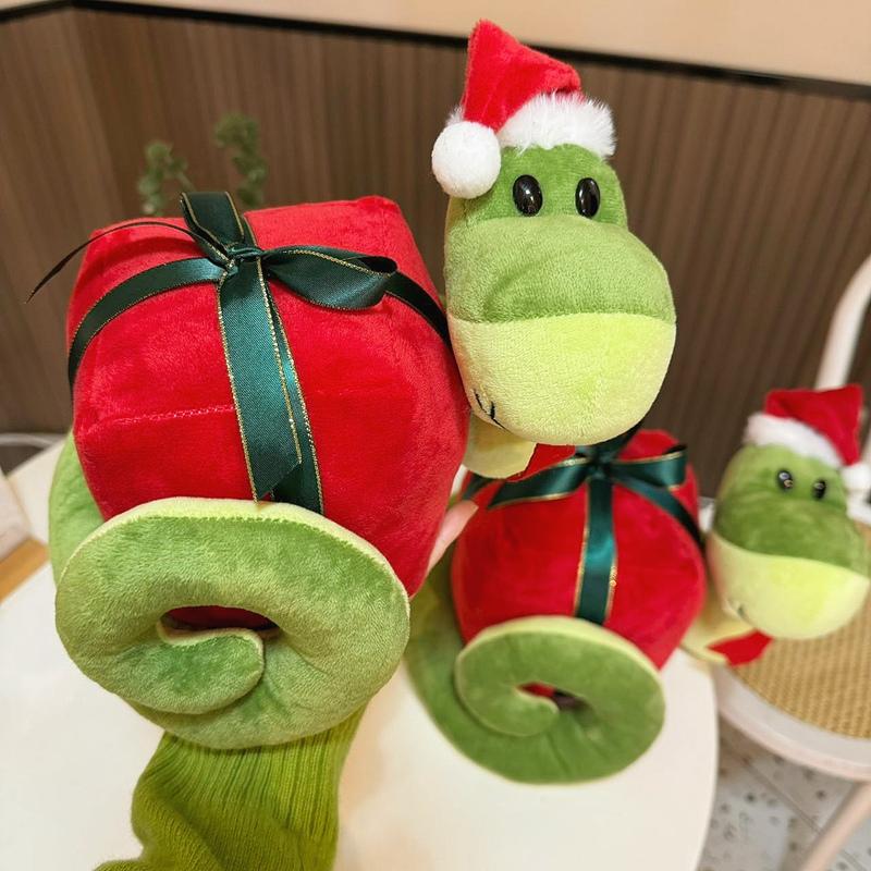 Fun Cartoon Christmas Snake Stuffed Doll Carrying Gift Box Christmas Hat Green Snake Stuffed Toy Holiday Home Decoration
