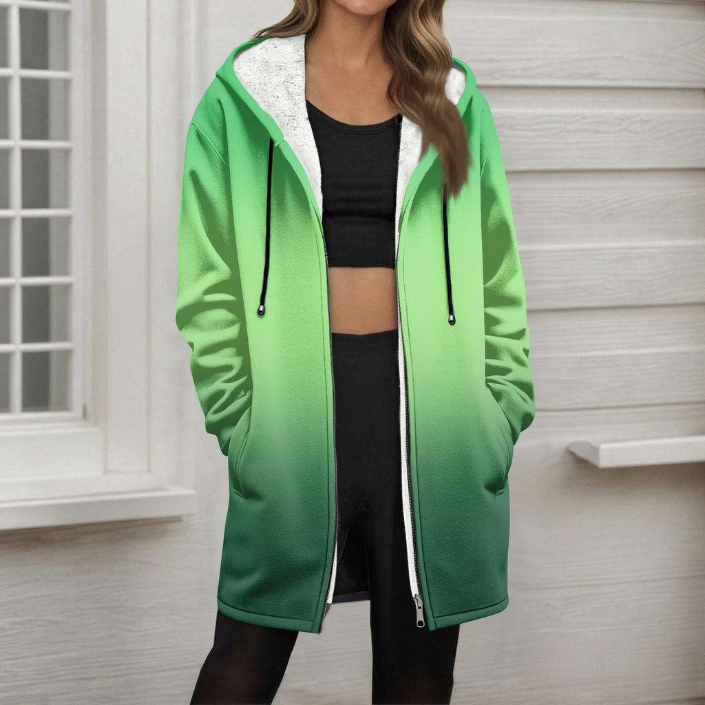 Women's Gradient Print Fashionable Loose Zipper Fleece Hoodie Jacket