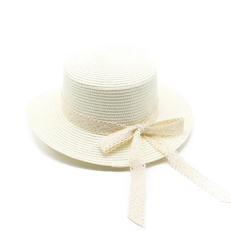 Straw Hat Women'S Summer British Style Lace Bow Flat Top Top Hat Sunshade Sun Protection Straw Hat Beach Hat Sun Hat