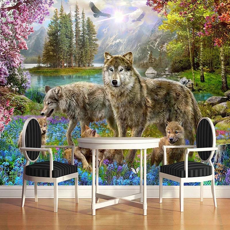 Forest Wallpaper Red Peach Blossom 3d Wall Mural Gray Wolf Animal Children Fresco Kid's Room Murals Decor