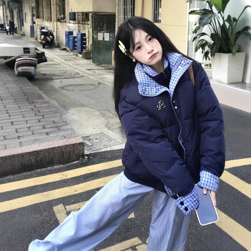 Winter Double-layer Collar Fake Two-piece Cotton Jacket, Women's Versatile Patchwork, Student Loose Warm Jacket