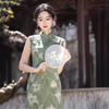 Elegant Green Sleeveless Modern Cheongsam Dress With Bamboo Leaf Jacquard Long Style Women 2026