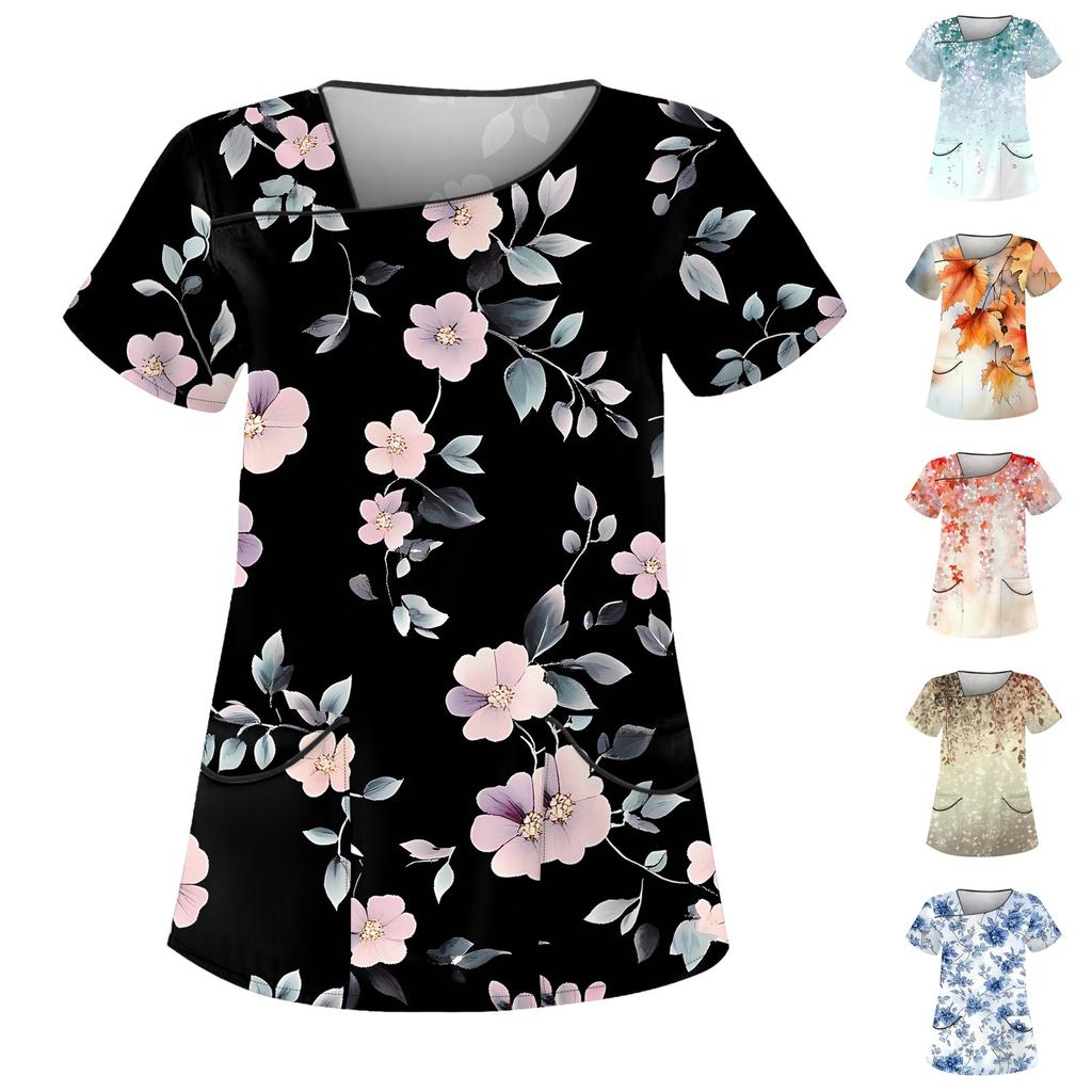Women's Casual Print Short Sleeve Sloping Collar Workwear Top With Double Pockets