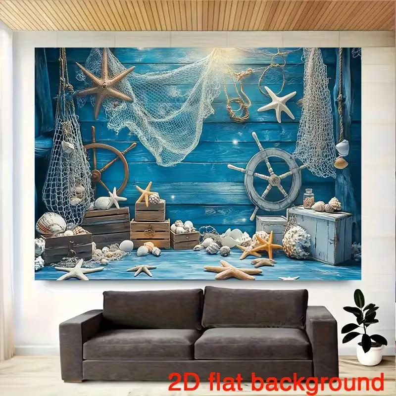 2D Beach Nautical Tapestry, Starfish Seashell & Fishing Net Background