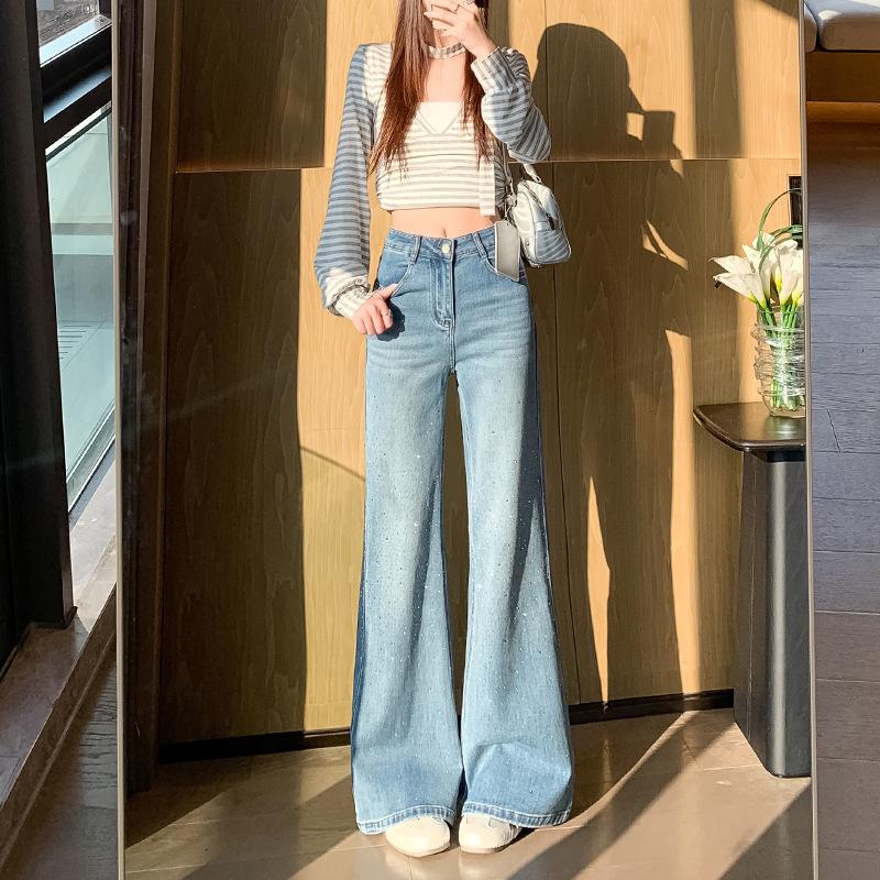Light blue hot diamond slightly pulled jeans, women's spring new high waist loose and thin, no leg flared pants