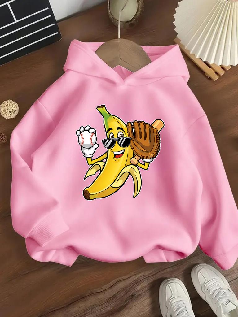 Hooded Sweatshirt for Spring And Autumn, Featuring a Cartoon Banana Baseball Print, Casual Top for Boys And Girls,