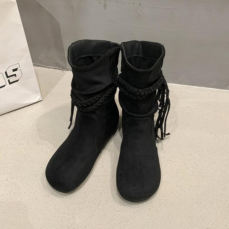 Cowhide version inner height increase Martin boots short boots fringed women's boots autumn new small pile boots