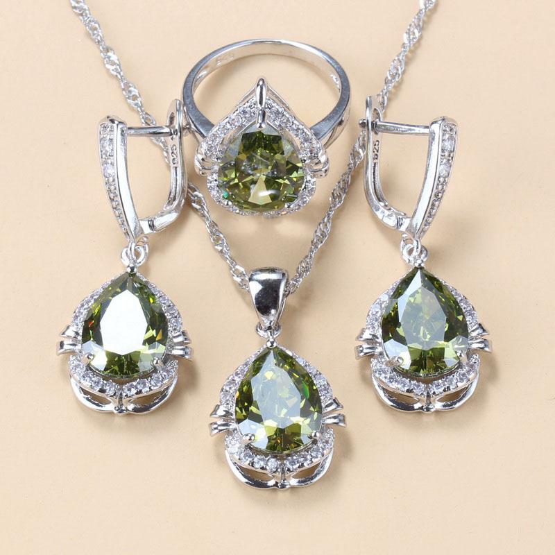Water Drop Jewelry Sets With Green Cubic Zirconia Bridal Necklace And Earrings For Women Wedding Accessory