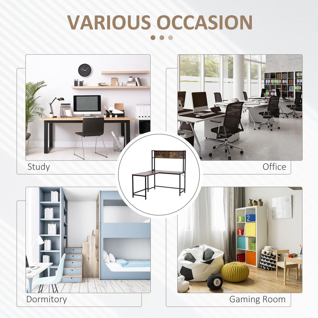 L Shaped Desk with Book Shelf, Industrial Corner Computer Desk, Writing Table with Steel Frame for Home Office, Bedroom, Study Room, 140 x 125cm