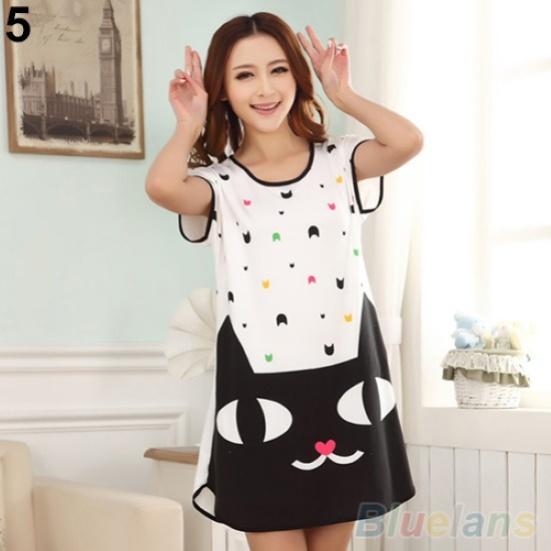 Cute Women Cartoon Panda Sleepwear Pajamas Short Sleeve Sleepshirt Nightdress