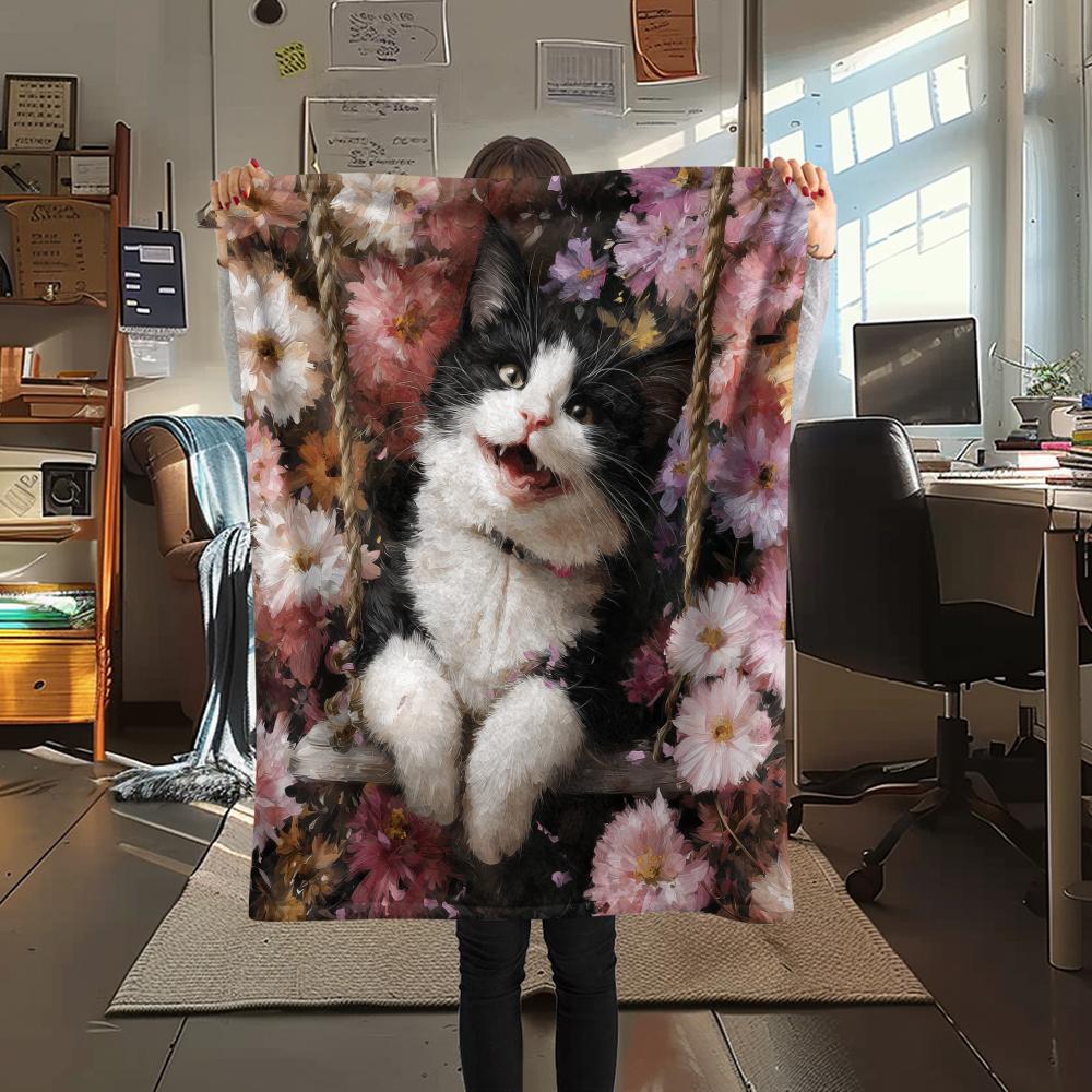 Calico Cat and Flowers,pattern Flannel Blanket, High quality Comfortable for All Seasons, Home Decor, Warmth and Comfort, Perfect for Gifts.
