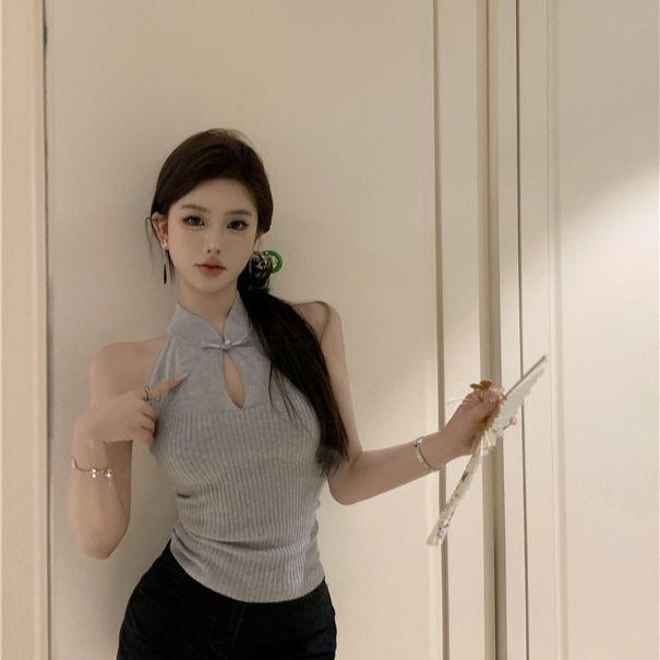 Buttoned Hollow-out Halter Sleeveless Knitted Vest Women's Summer Hot Girl Slim Fit Inner Wear Chinese Style Top Outerwear