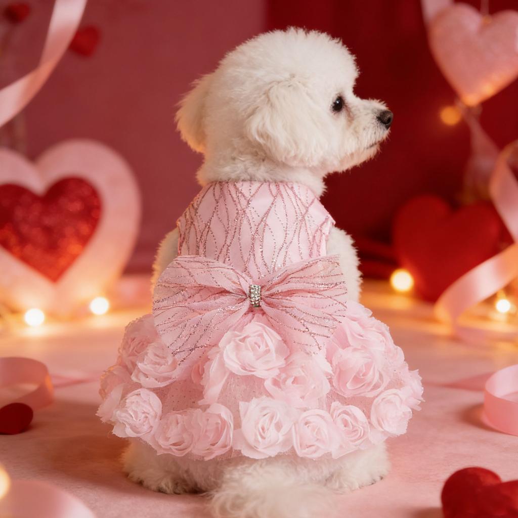 Formal Dog Princess Dress, Sparkly Tulle Pet Wedding Dress, Pink Rose Floral Puppy Outfit for Small Dogs Chihuahua Yorkie