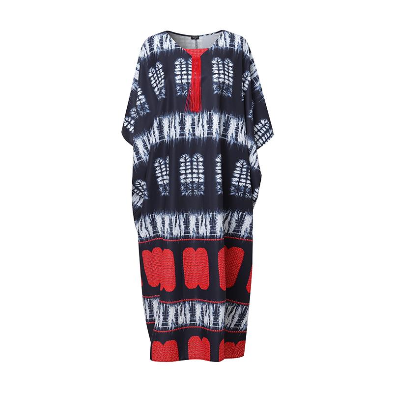 Oversized Women Batwing Sleeve Stitching Print Casual Loose Maxi Long Dress