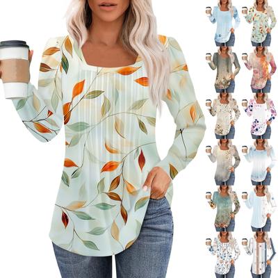 Long Sleeve Shirts For Women Tops Dressy Casual Blouses Pleated Square Scooped Neck Tunic Tops