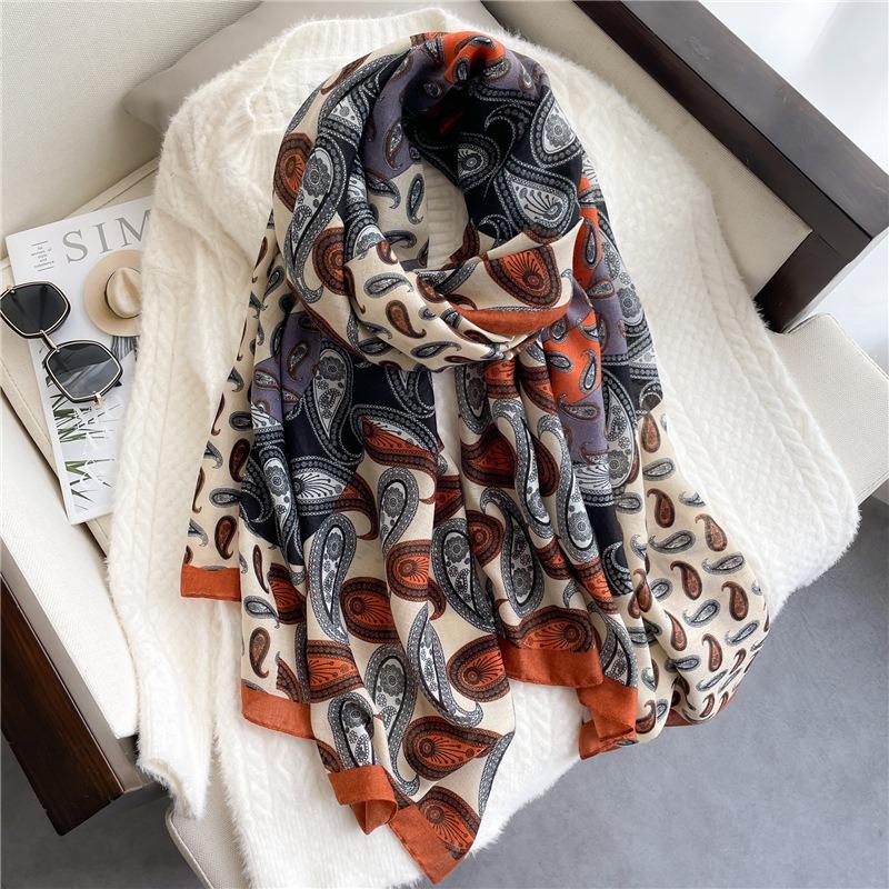 Cashew color matching scarf cotton and linen shawl long large size travel scarf retro scarf autumn and winter new women