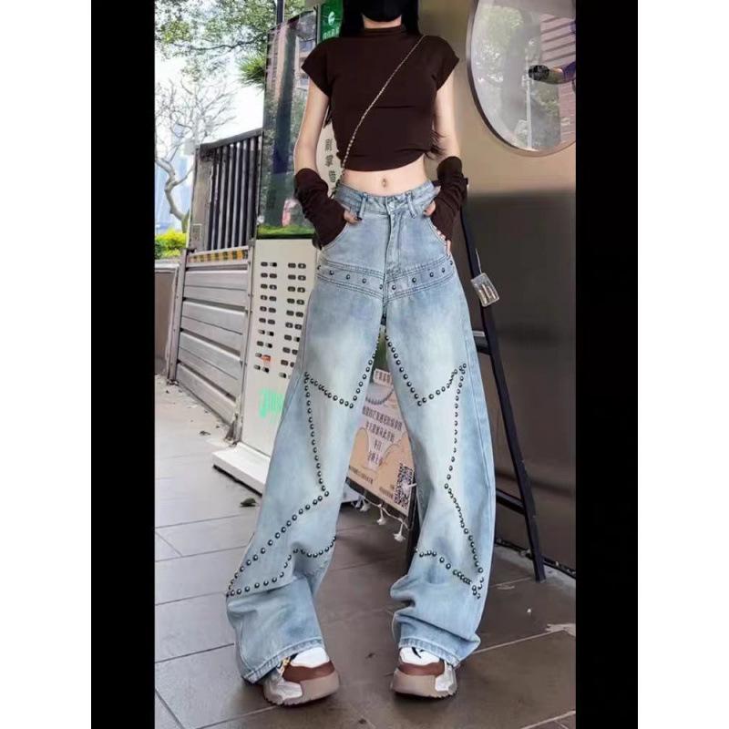 Women's Fashion Retro Rivet Wide Leg Jeans - Loose, Slimming, Stylish Design
