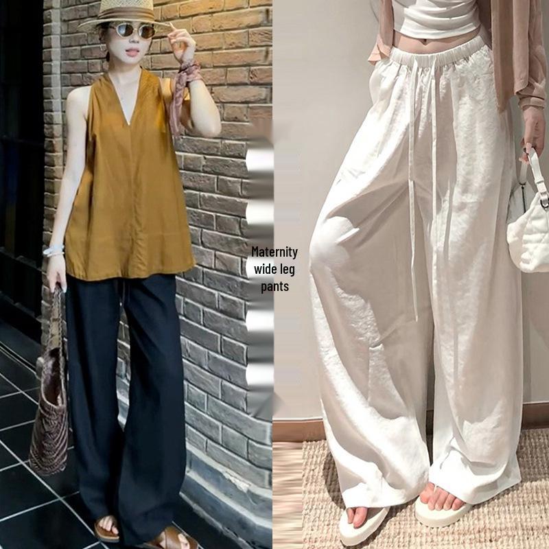 Maternity High-Waisted Wide-Leg Linen Pants – Summer Ice Silk Sun Protection Style