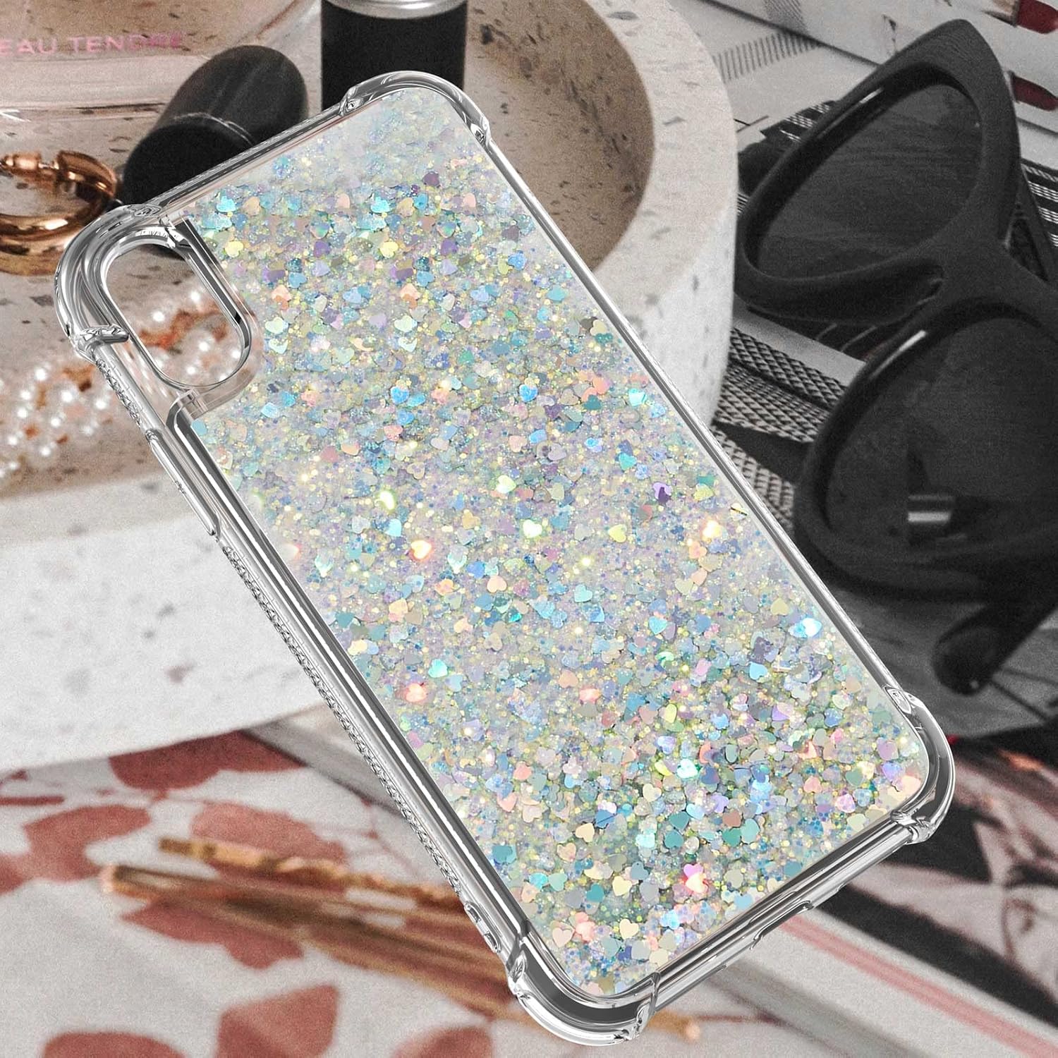 

iPhone Xs MAX Case, TPU & Silicone Glitter Cute Clear Case with Anti-Fall Belt Bumper Corner Shockproof Case for iPhone Xs MAX Silver Love Silver Pink Star