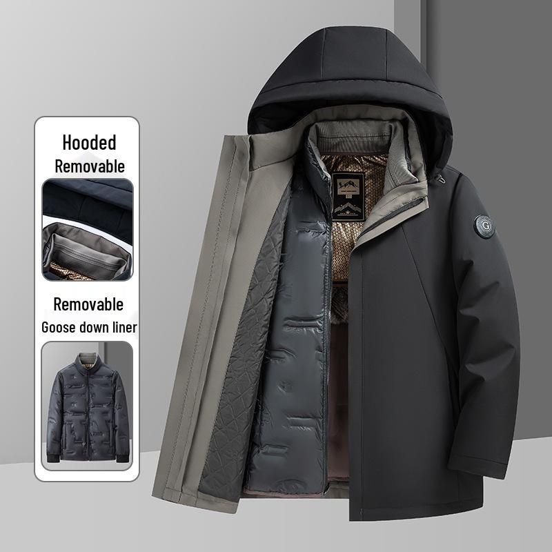 Men's Windproof Winter Down Jacket with Detachable Liner - Middle-Aged Business Style