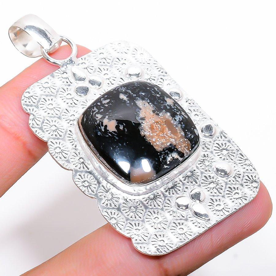 Honey Dendritic Gemstone Handmade 925 Sterling Silver Jewelry Pendant 2.40"