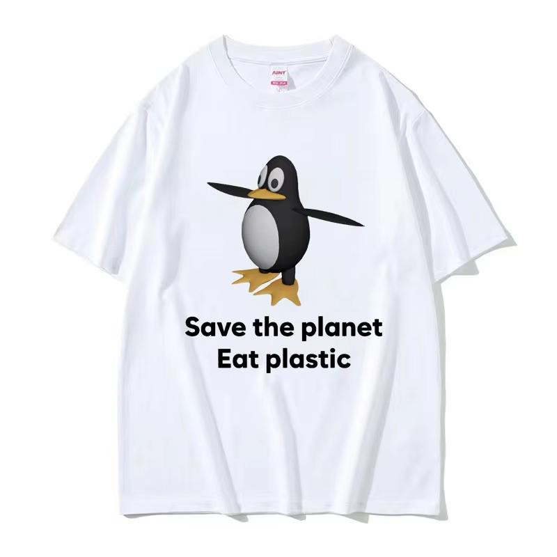2026 Save The Earth Eat Plastic Funny Meme TShirt Cute Penguin Graphics Mens T Shirt Fashion Casual Short Sleeve Tshirts XL