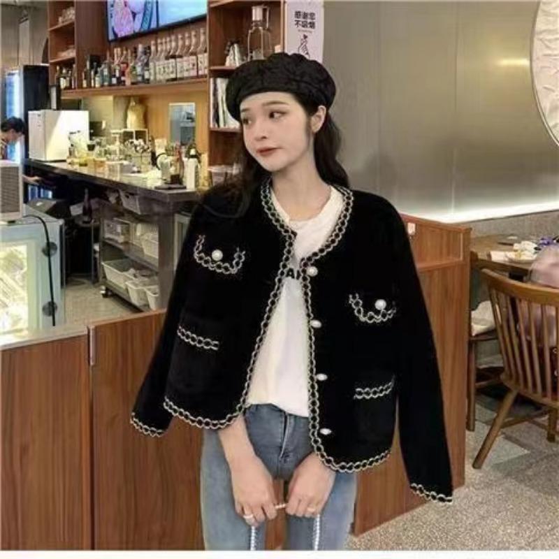 

Элегантный женский вязаный жакет с круглым вырезом для офиса Осень Зима Свободный свитер под норку Офисные карманы Простой кардиган Французский стиль Повседневная одежда one size чёрный