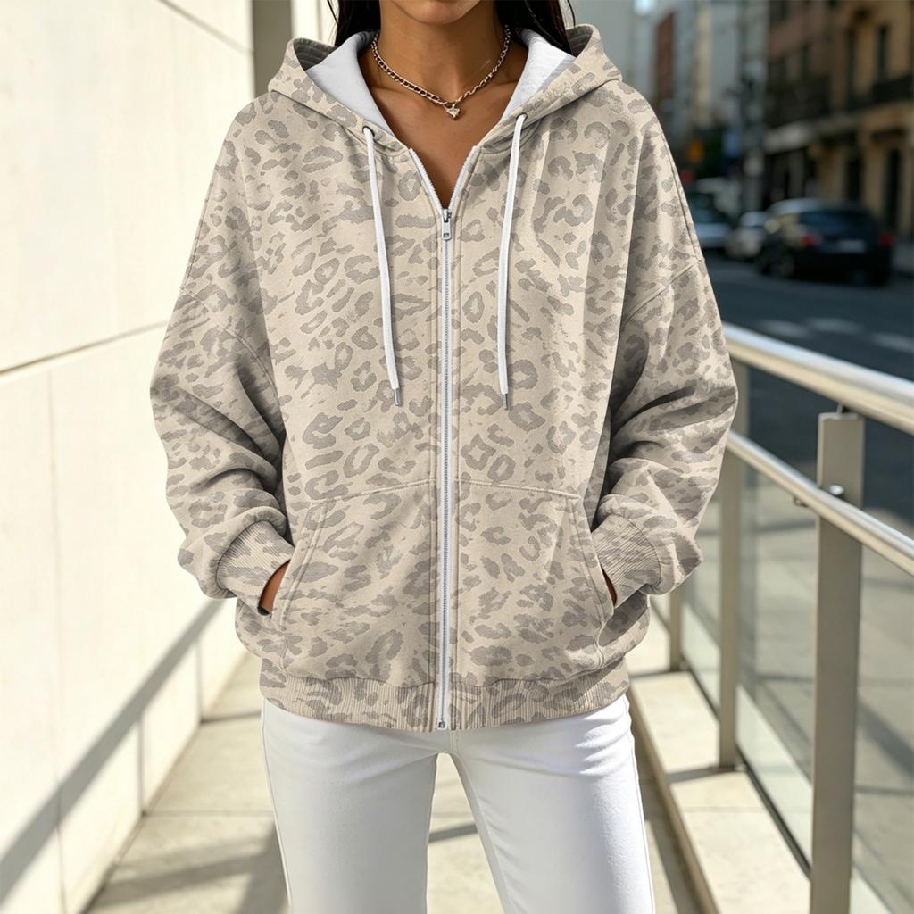 Women's Casual Loose Fit Printed -Lined Hooded Zip-Up Cardigan