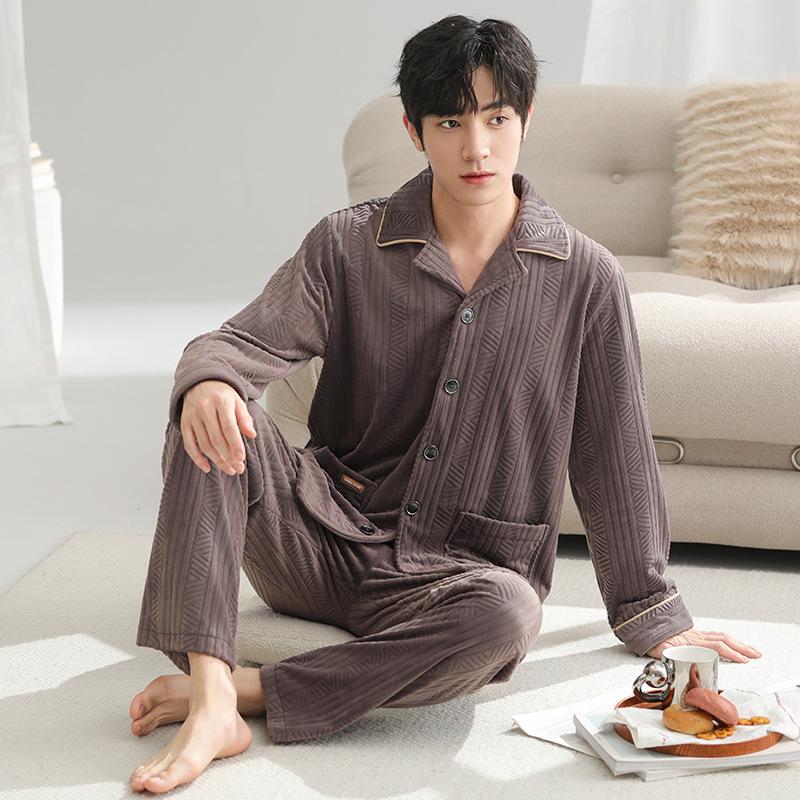 Island Fleece Pajamas Men'S Winter Coral Fleece Thickened Fleece Autumn And Winter Thermal Men'S High-End Cardigan Loungewear