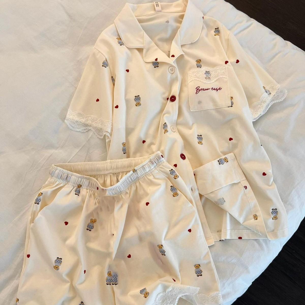 

Korean high-end lace teddy bear pajamas women s summer short-sleeved shorts lace two-piece set lazy style loungewear S