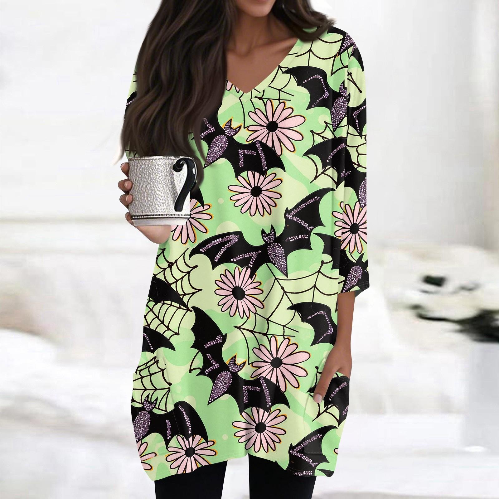 

Женская модная повседневная футболка с принтом на Хэллоуин, V-образным вырезом, средней длины, с карманом, рукавом 3/4 S