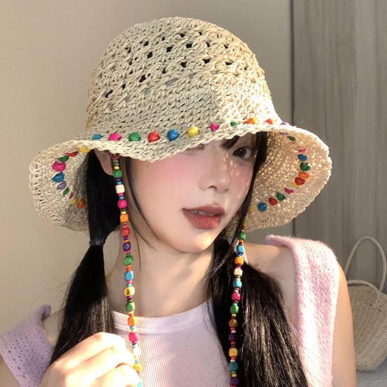 Women Straw Hat Wide Brim Breathable Straw Weaving Hat with Colorful Beads Decor Flexible Edges Sun Hat
