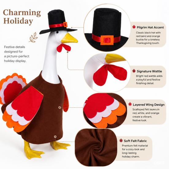 Custom Garden Goose Apparel 1 Set Turkey Outfit, Thanksgiving Porch Costume, Outfit with Top Fall Theme Display Hat And Wings for 23 Inch Statue, Lawn