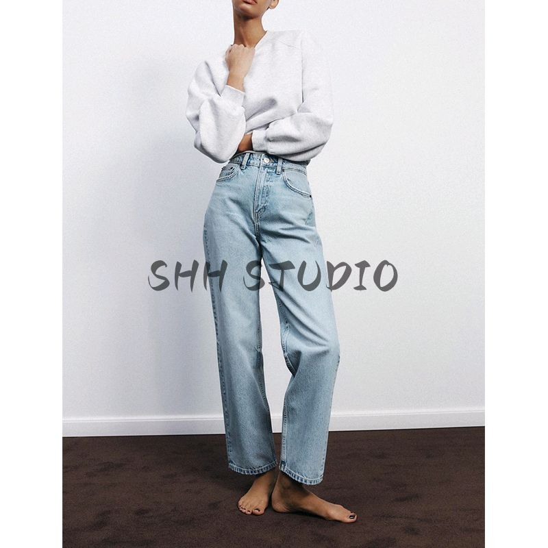 Spring New Women's Clothing Casual All-Matching Straight High Waist Cotton Loose Plaid Denim 2569047