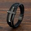 2026 Men's Cross Leather Rope Bracelet, Black Braided, Magnetic Buckle Fashion Trendy Men's Bracelet