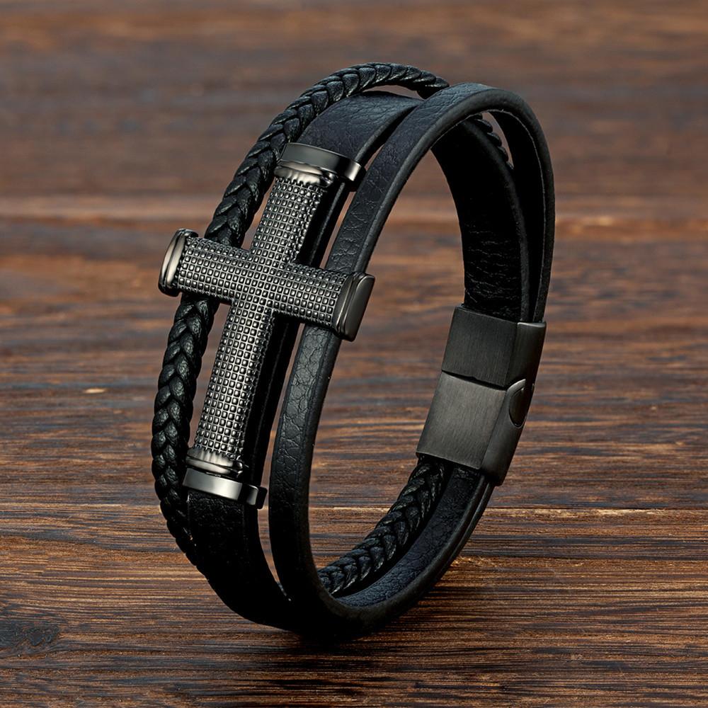 2026 Men s Cross Leather Rope Bracelet, Black Braided, Magnetic Buckle Fashion Trendy Men s Bracelet 19CM