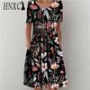 HNXC 30 Color Pleated Midi Dress Short Sleeve Round Neck Loose Hem Mid-Calf Length Women Floral A-Line Party Dress Casual Wear