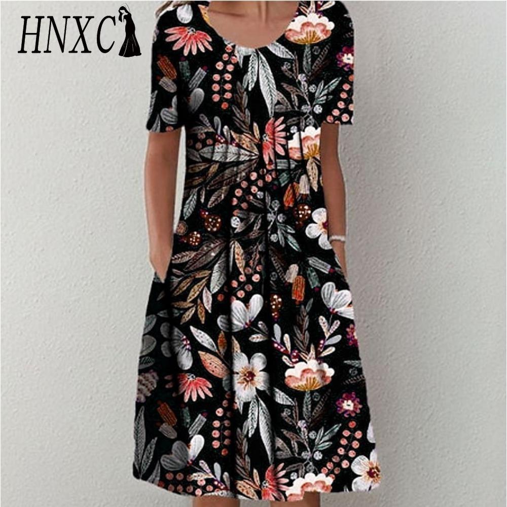 HNXC 30 Color Pleated Midi Dress Short Sleeve Round Neck Loose Hem Mid-Calf Length Women Floral A-Line Party Dress Casual Wear